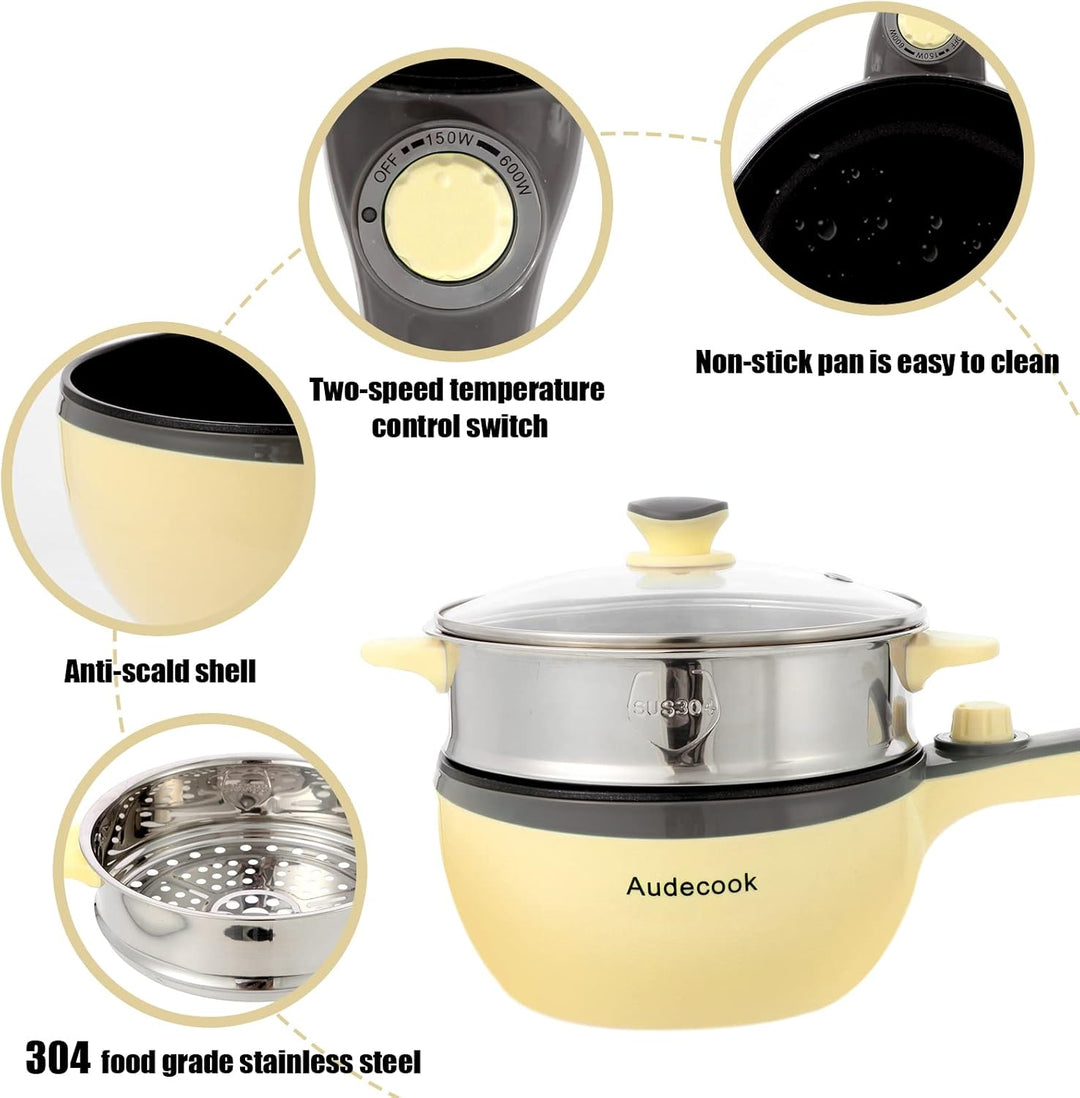 Audecook Elektrische Bratpfanne, Hot Pot Topf 20cm, Antihaft Mini elektropfanne mit Dampfgarer, Mult