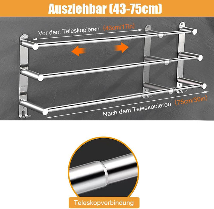 ANBOO Handtuchhalter Ausziehbar 2 Armig, 43-75CM Teleskop Handtuchhalter Ohne Bohren mit 4 Hakenposi