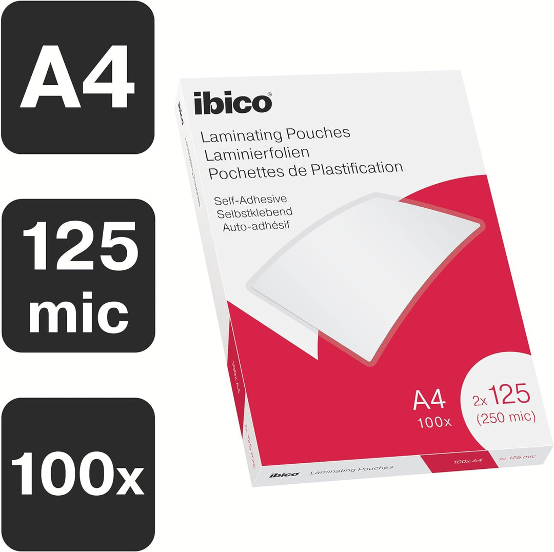 Ibico Selbstklebende Laminierfolien A4 125 mic, 100 Stück, glänzende Heisslaminierfolien, abgerundet
