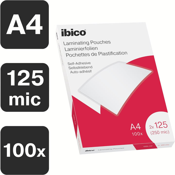 Ibico Selbstklebende Laminierfolien A4 125 mic, 100 Stück, glänzende Heisslaminierfolien, abgerundet