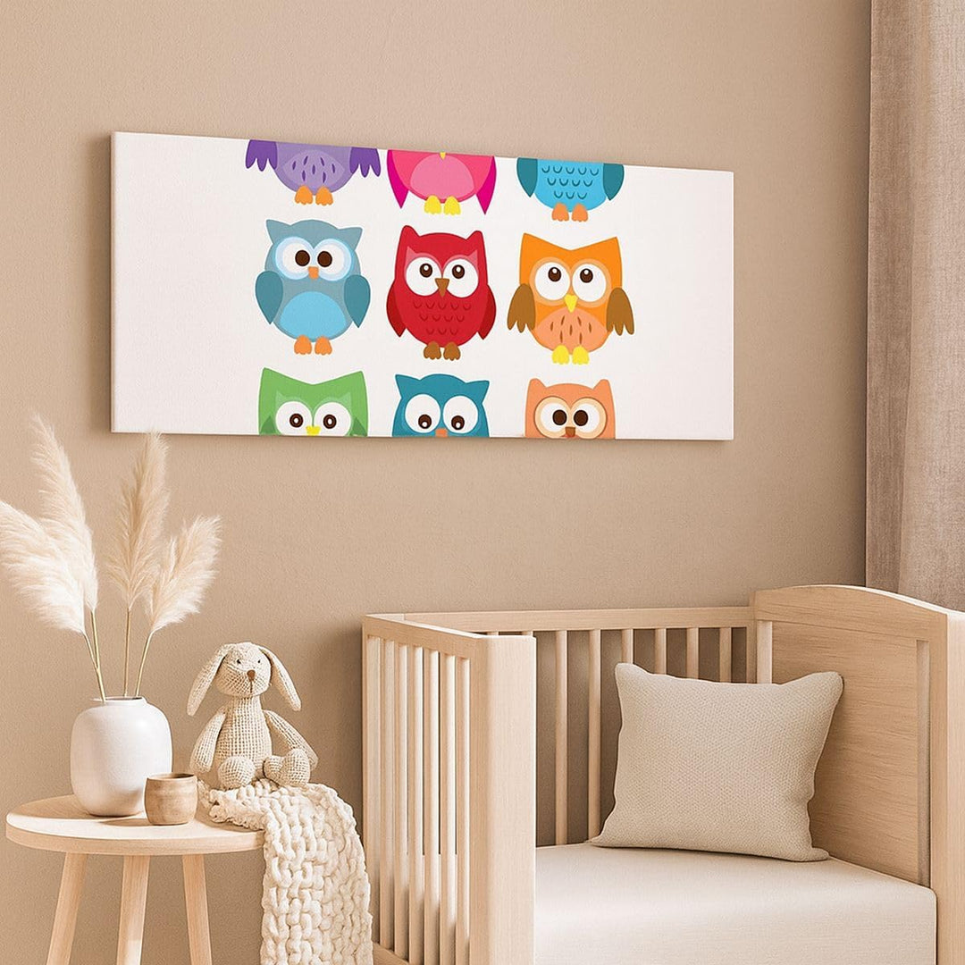 Wandbilder Dekoration Wohnzimmer Eulen Bunt Kinder Zeichnung Panorama Bilder auf Leinwand 120x50cm L