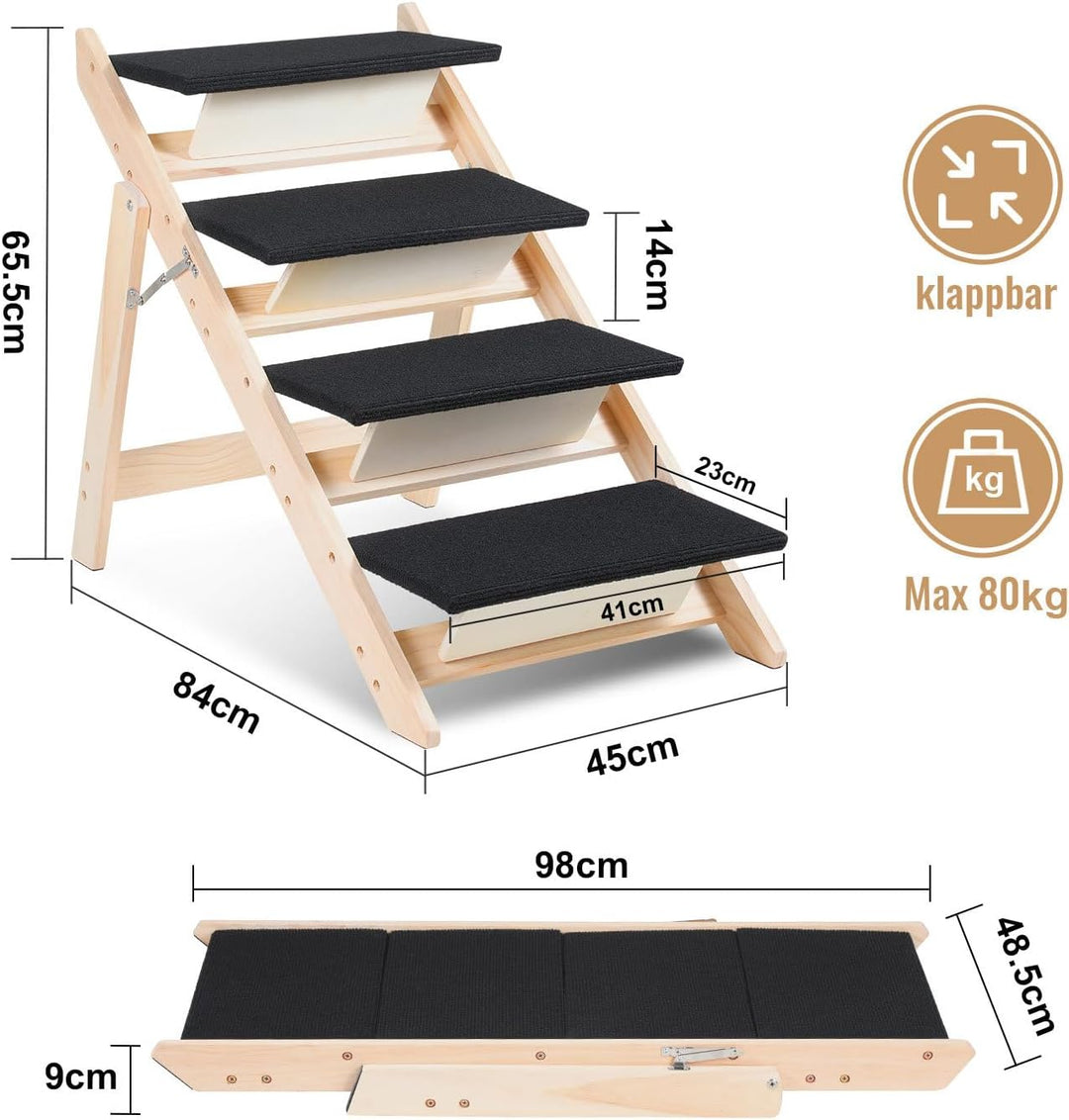 Hunderampe, 4 Stufen, klappbar, 2-in-1 Hundetreppe bis 80 kg Tragfähigkeit 80 Kg 2-in-1, Höhe 65,5 c