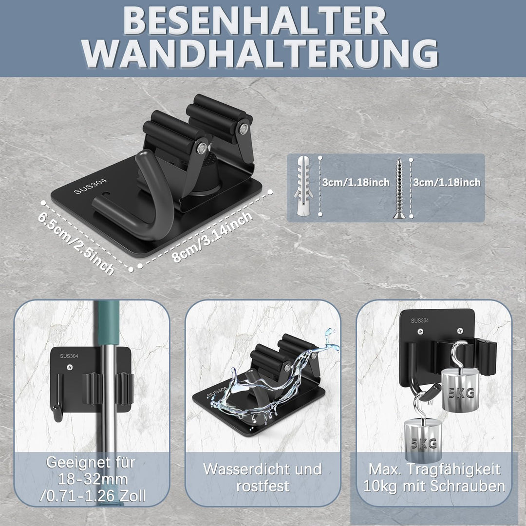 3-H Besenhalterung Wand Selbstklebend, 6 Stück Gerätehalter Besenhalter ohne Bohren, Edelstahl Besen