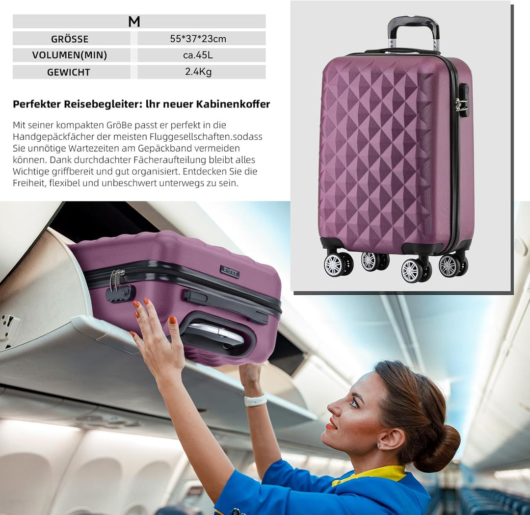 BEIBYE Zwillingsrollen 2066 Hartschale Trolley Koffer Reisekoffer Gepäck M-L-XL-Set (Violett, M) Vio