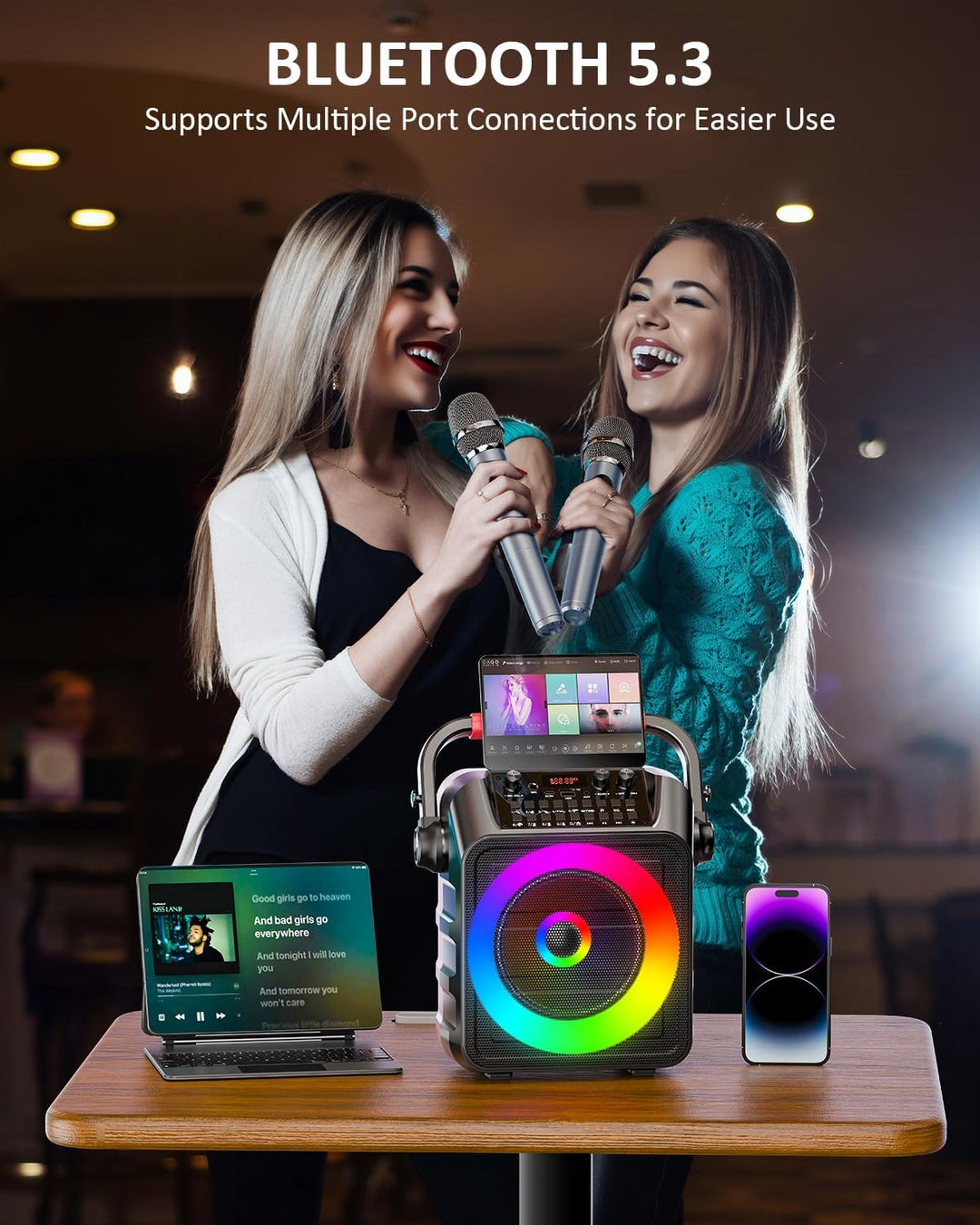 Karaoke Maschine mit 2 Mikrofonen, tragbarer Bluetooth Karaoke Anlage mit LED Lichtern,eignet Sich f