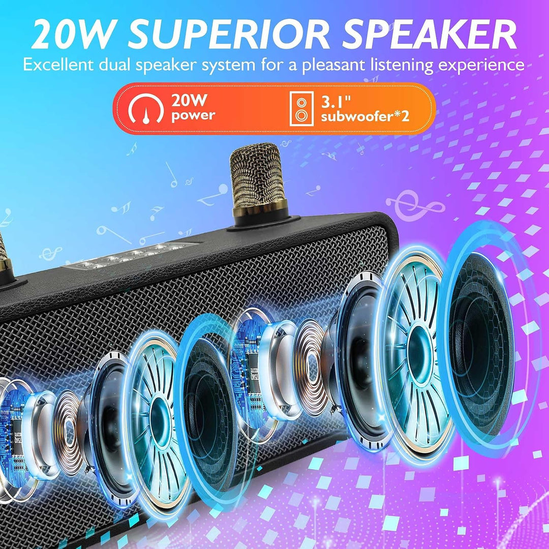 Karaoke-Maschine, Tragbarer Bluetooth-Lautsprecher mit 2 drahtlosen Mikrofonen, Karaoke-Mikrofon für