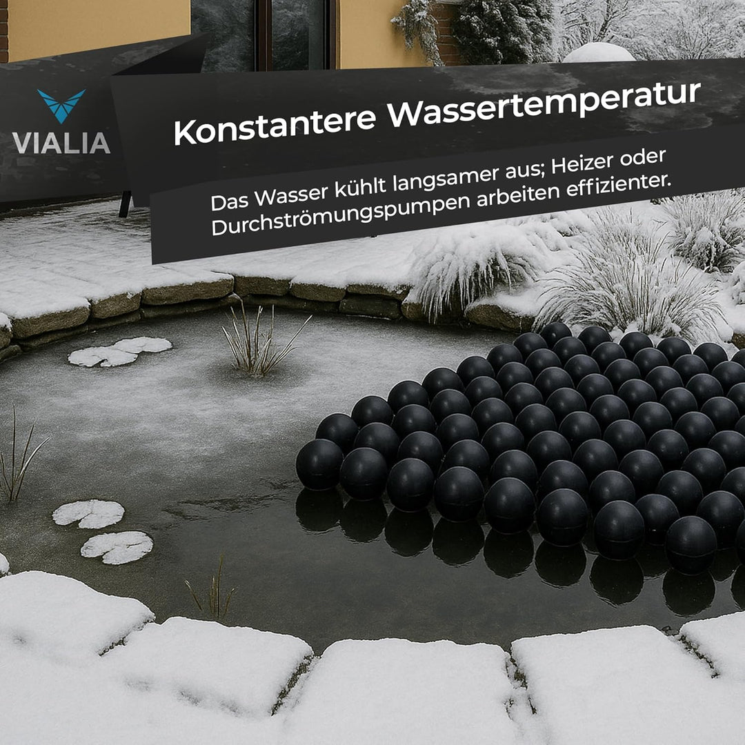 PE Bälle schwarz Ø 70 mm, 650 Stück, ca. 3 m², Teichabdeckung Winter, Schwimmkugeln mit Aufbewahrung