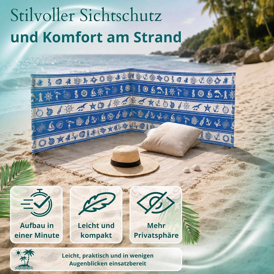 Strandparavent Mikrofaser | Windschutz 80cm | Marine Muscheln 12m | Robuste Holzstäbe | Vernäht | Ho