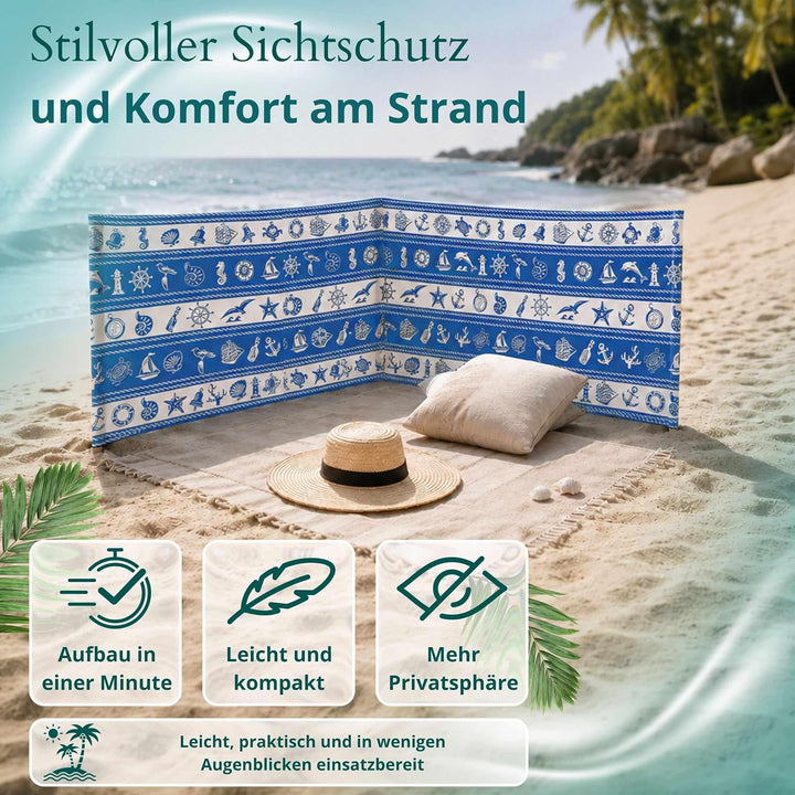 Strandparavent Mikrofaser | Windschutz 80cm | Marine Muscheln 12m | Robuste Holzstäbe | Vernäht | Ho
