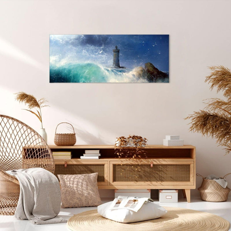 Wandbilder Dekoration Wohnzimmer Leuchtturm Meer Panorama Bilder auf Leinwand 120x50cm Leinwandbild