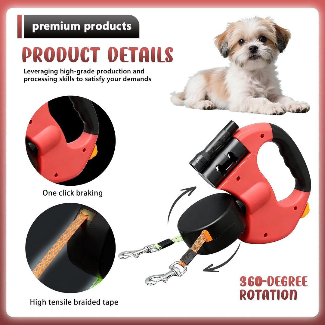Einziehbare Hundeleine für 2 Hunde, 3m Doppelleine für 2 Hunde mit Licht, Anti Rutsch Griff, auszieh