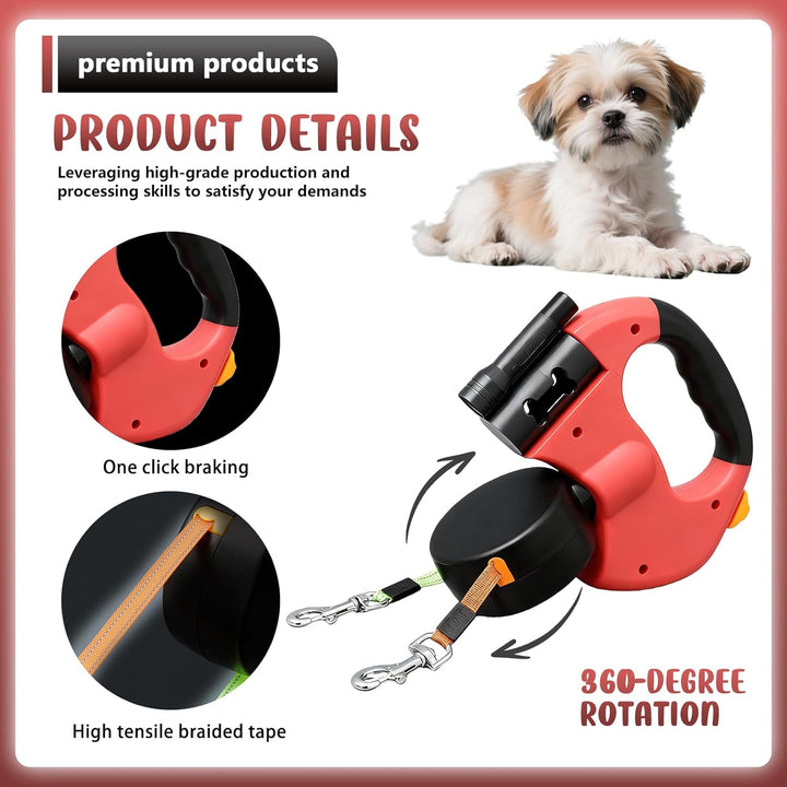Einziehbare Hundeleine für 2 Hunde, 3m Doppelleine für 2 Hunde mit Licht, Anti Rutsch Griff, auszieh