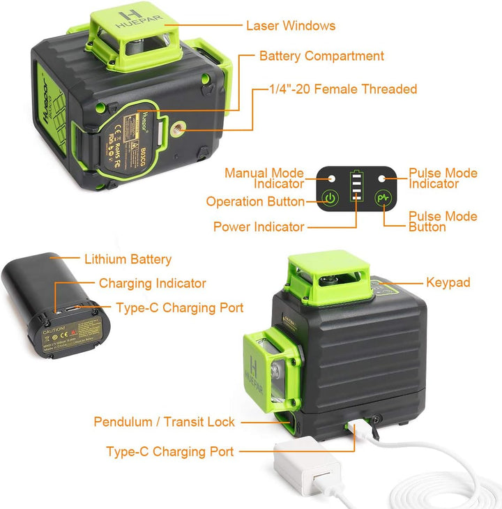 Huepar 3 x 360 Kreuzlinienlaser mit Litium-Ionen Batterie, Grüner Selbstnivellierenden Drei 360°-Las