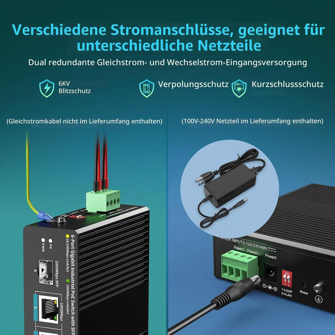 YuanLey 6-Port Industrie-Switch mit 4-Port PoE Gigabit, 1x 1000Mbps Uplink, 1x SFP Port, Unmanaged D