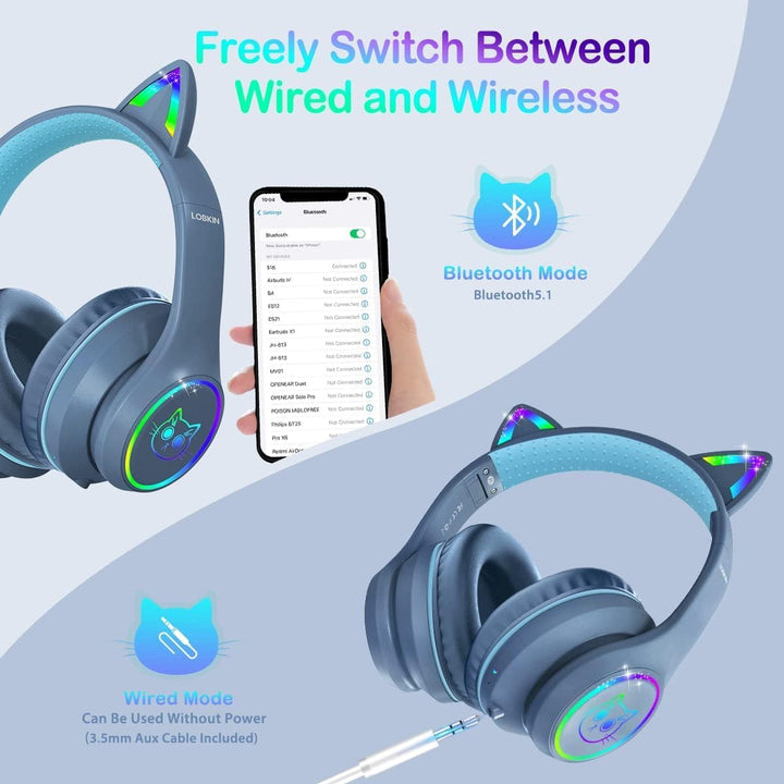 LOBKIN Kopfhörer für Kinder mit Tasche, Kabellos und Kabel Bluetooth, Faltbar Einstellbar Over Ear f