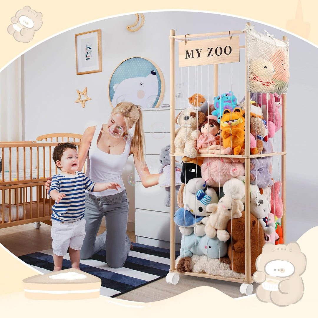 Massivholz Kuscheltier Aufbewahrung mit 360° Rollen &amp; Bremse – inkl. Baumwollnetz, Plüschtier Organi