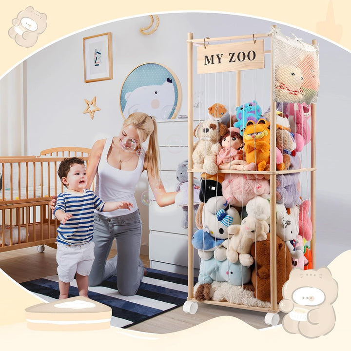 Massivholz Kuscheltier Aufbewahrung mit 360° Rollen &amp; Bremse – inkl. Baumwollnetz, Plüschtier Organi