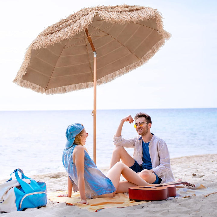 GOPLUS Sonnenschirm Hawaii, Ø 208 cm Sonnenschirm Stroh um 30° knickbar, Strandschirm mit PP-Stroh &amp;