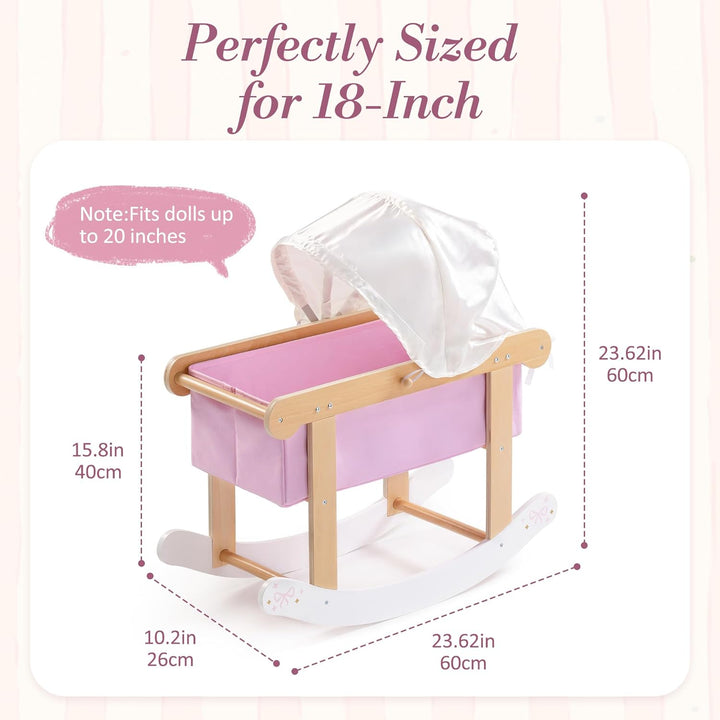 ROBUD Puppenwiege mit Baldachin für 45 cm Puppen, Puppenbett Holz mit Schaukelfunktion, Matratze und