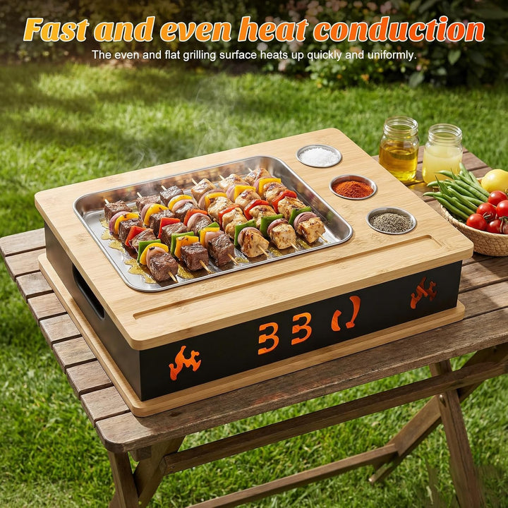 Warmhalteplatte Grillgut, Holz Speisenwärmer mit 304 Edelstahl Grillplatte und Dip-Schale, BBQ Fleis