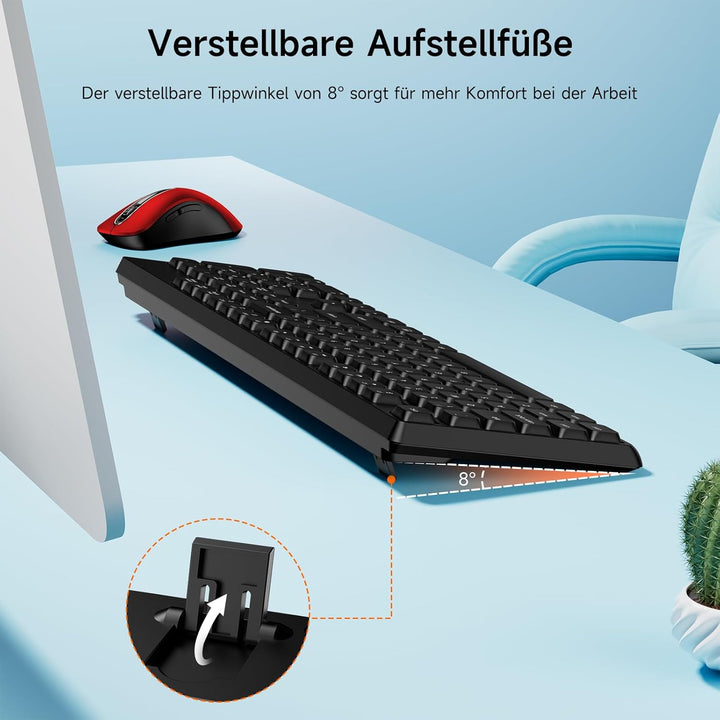 QWERTZ Kabelloses Tastatur Maus Set, Full Size 105-Tasten Tastatur mit Nummernblock, 2.4GHz Funk mit