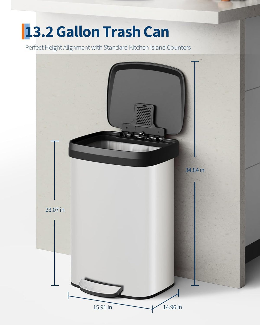 GarveeHome 50L Metall Mülleimer mit Deckel, grosser Tretmülleimer, Mülleimer Küche, rostfrei, mit Be