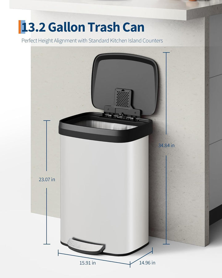 GarveeHome 50L Metall Mülleimer mit Deckel, grosser Tretmülleimer, Mülleimer Küche, rostfrei, mit Be