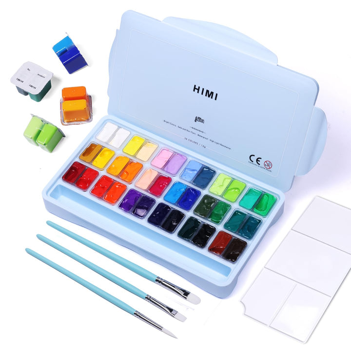 ARTFLY HIMI Gouache Farben Set, 36 Farben x 12 ml, Twin-Jelly-Cup-Design mit 3 Pinseln und einer Pal