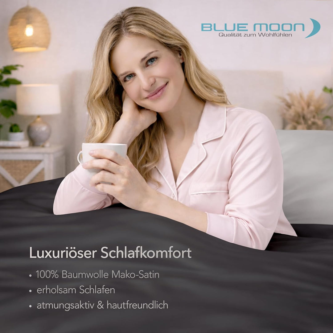 BLUE MOON Premium Mako-Satin Wendebettwäsche - Satin-Bettzeug - Bettwäsche aus 100% Baumwolle - Made