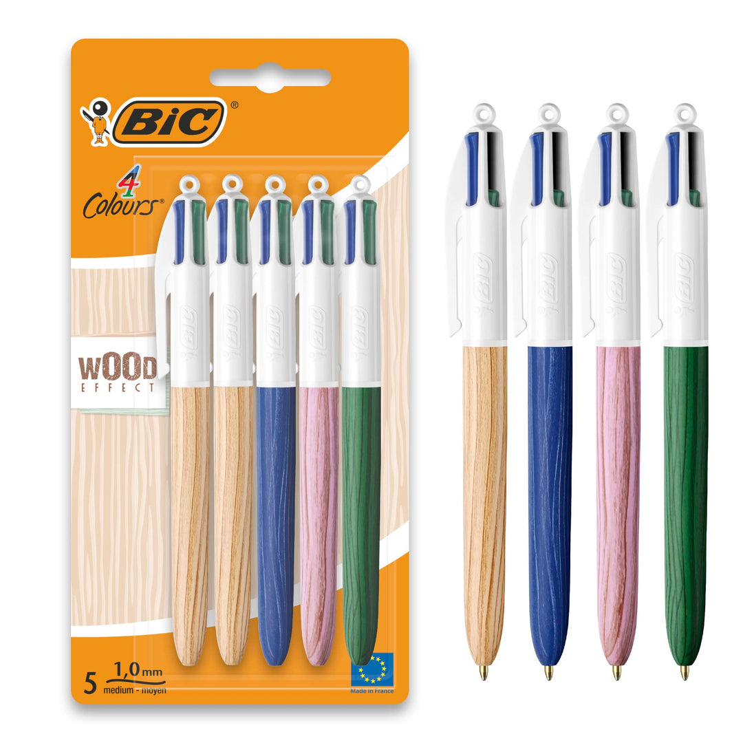 BIC 4 Farben Kugelschreiber Set 4 Colours Wood Effect, 5er Pack, in Holzoptik, nachfüllbar, Ideal fü
