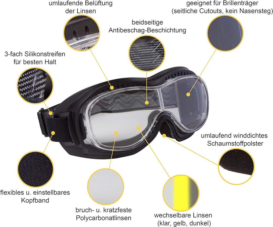 PiWear Toronto Motorradbrille Überbrille für Brillenträger Ohne Ersatzglas Klar, Ohne Ersatzglas Kla