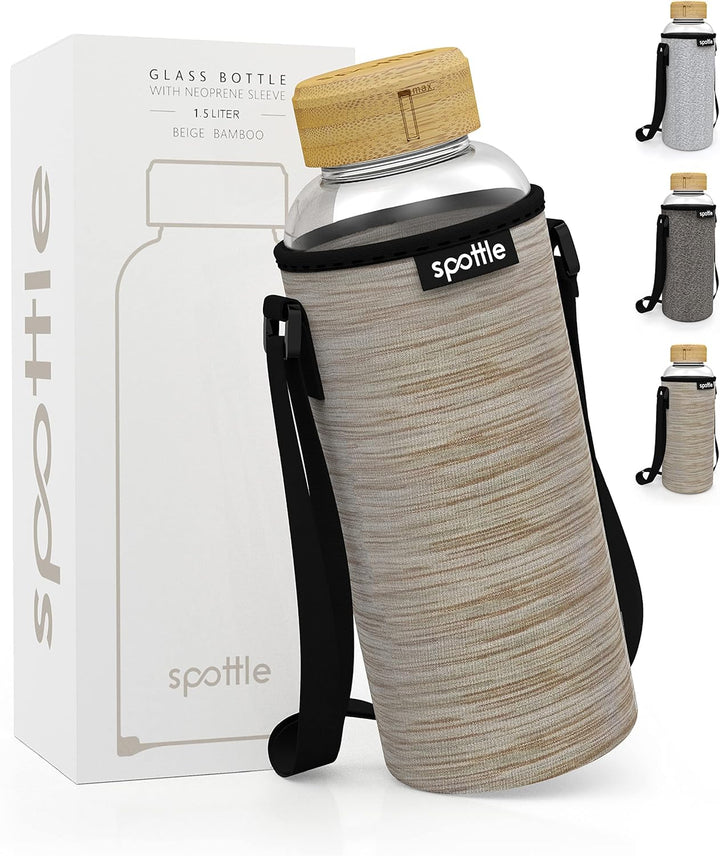 spottle Glasflasche 1,5 liter - Trinkflasche Glas 1 5 l mit Bambus-Deckel Schraubverschluss - Glass