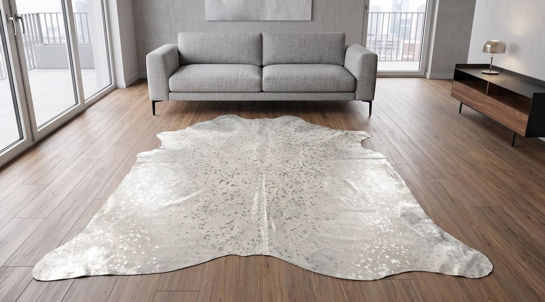 generisch Premium Kuhfell Stierfell Fell Teppich Silber Devore grau Metallic Effekt ca. 230 x 200 cm