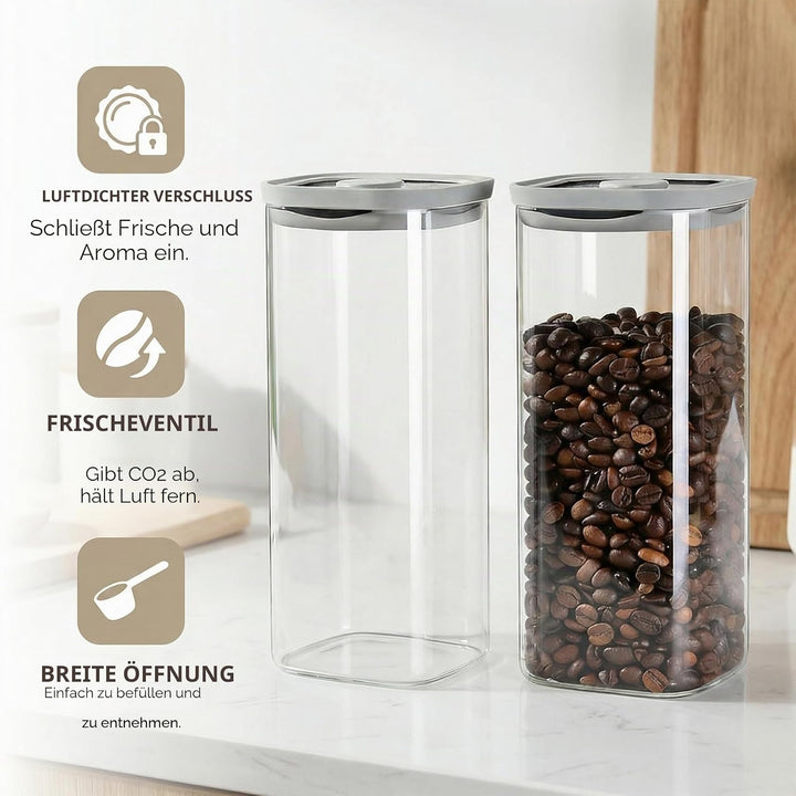 Luftdichtes Glas für Kaffeebohnen (2 Stück), Rechteckiges Vorratsglas mit Deckel, Insektensichere Gl