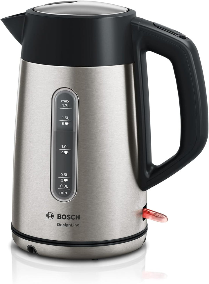Bosch kabelloser Wasserkocher DesignLine TWK4P440, Ausgiessen ohne Spritzer, Tassenanzeige, Wasserst