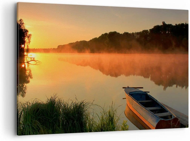 Bilder auf Leinwand 100x70cm Leinwandbild Morgen Nebel See Landschaft Gross Wanddeko Bild Schlafzimm