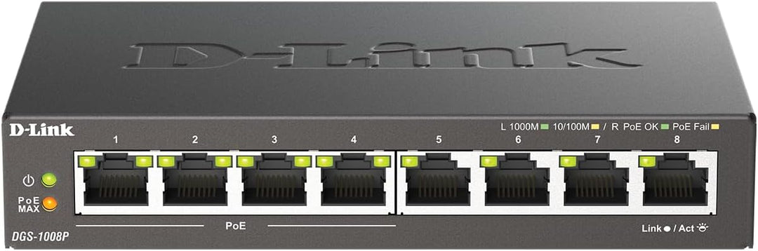 D-Link DGS-1008P, 8-Port Unmanaged PoE+ Gigabit Switch (8 Anschlüsse mit 10/100/1000 Mbit/s, 4 davon