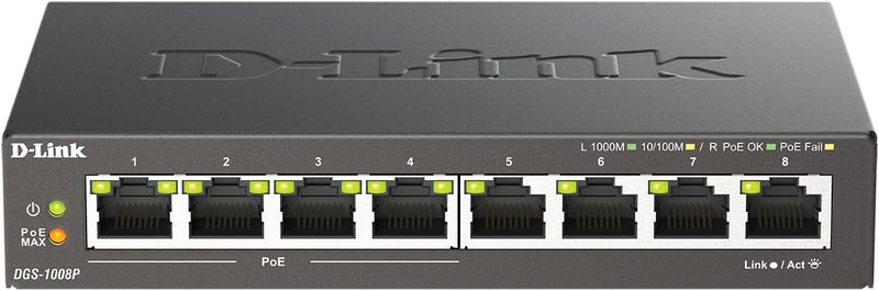 D-Link DGS-1008P, 8-Port Unmanaged PoE+ Gigabit Switch (8 Anschlüsse mit 10/100/1000 Mbit/s, 4 davon