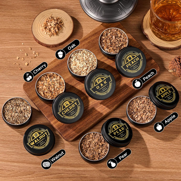 ComboJoy Elektrisches Whisky-Räucherkit mit LED, 6 Aromaholzspäne, Whisky-Glas & Eisform, wiederaufl