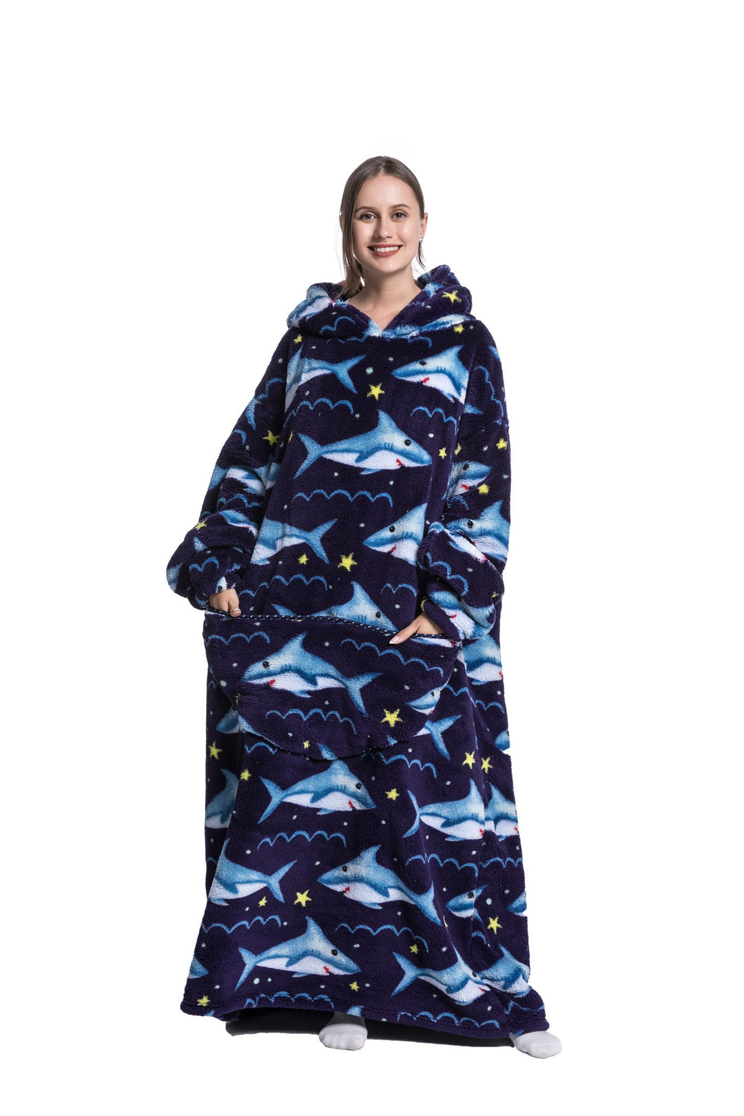 Hoodie Decke Extra Lang mit Kapuze und Tasche für Damen Herren Hai 2, Hai 2