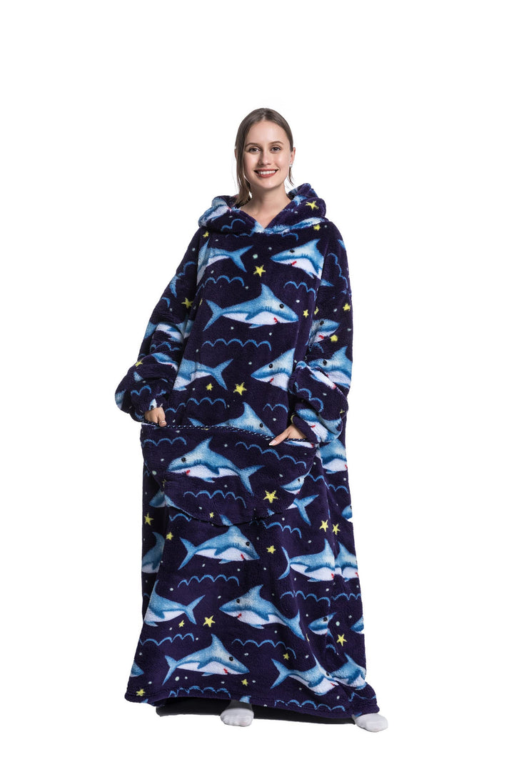Hoodie Decke Extra Lang mit Kapuze und Tasche für Damen Herren Hai 2, Hai 2