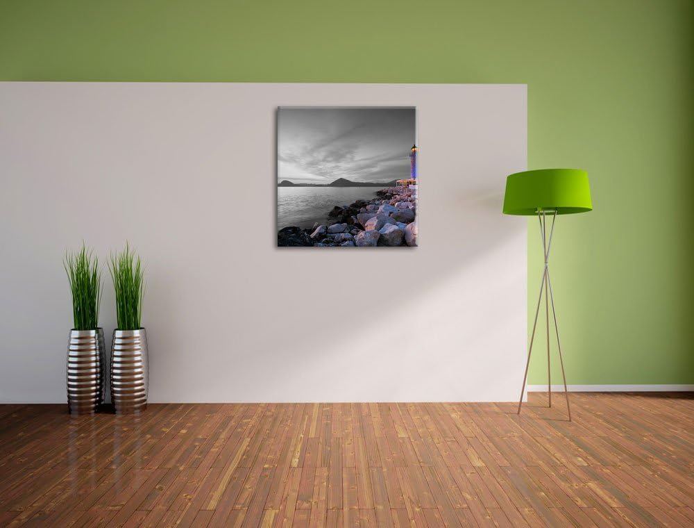 Pixxprint Romantischer Leuchtturm bei Ebbe schwarz/weiss, Format: 70x70 auf Leinwand, 70x70