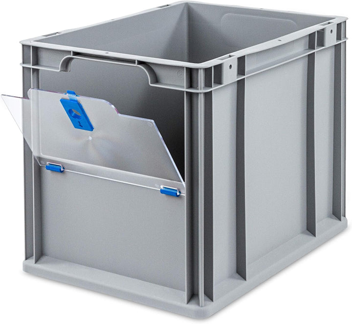 aidB Eurobox NextGen Insight Cover blau, 400x300x320 mm, Cover hoch, robuste Regalbox mit Entnahmeöf
