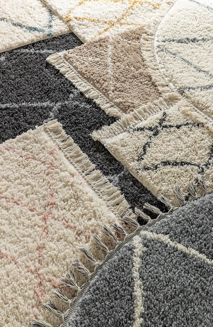 TESSO LIVING Hochflor Teppich - Beige - 120 cm Rund - Diamantmuster Shaggy Teppich Mit Fransen – Bes