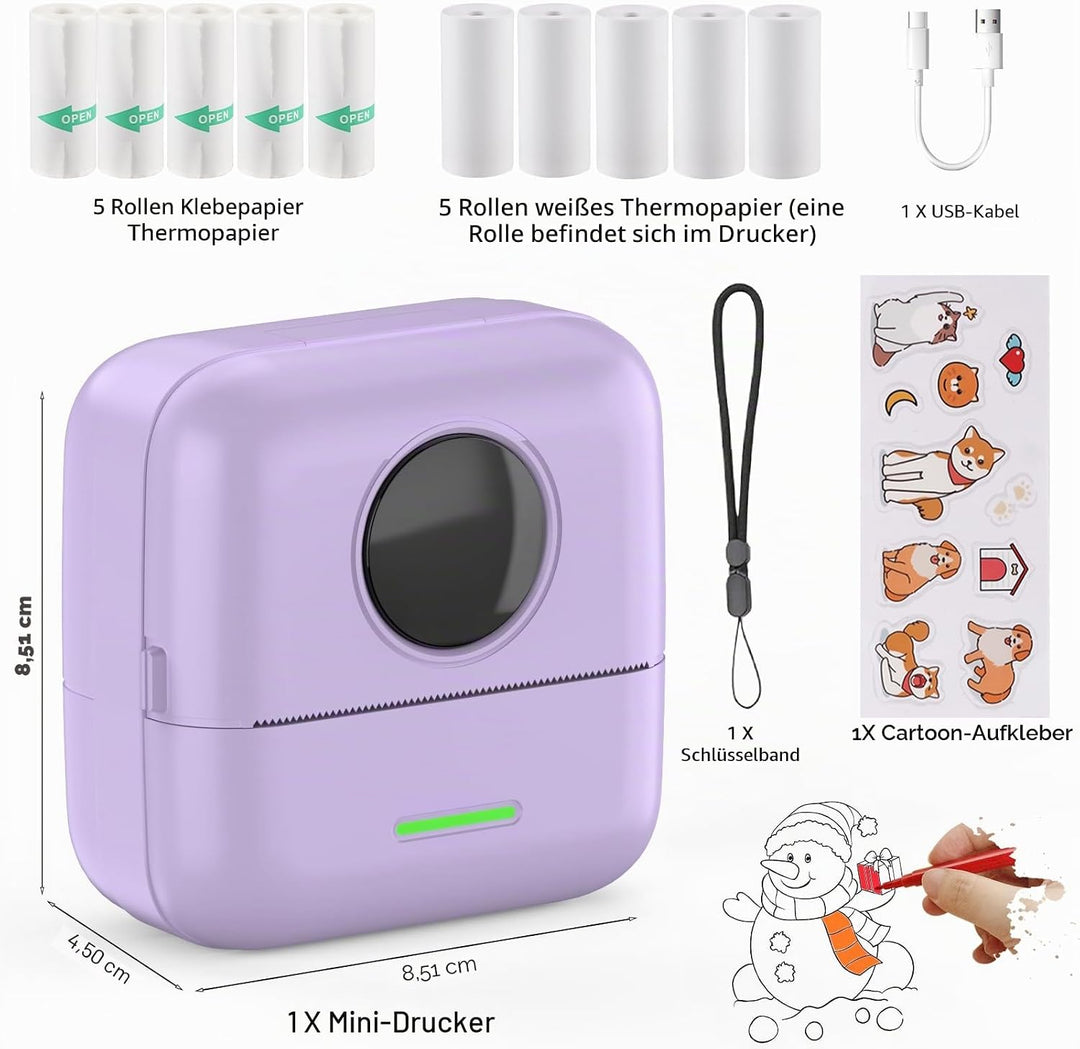 Mini Drucker, Taschendrucker, Mini Fotodrucker für Smartphone, Sticker Drucker, Thermo Fotodrucker f