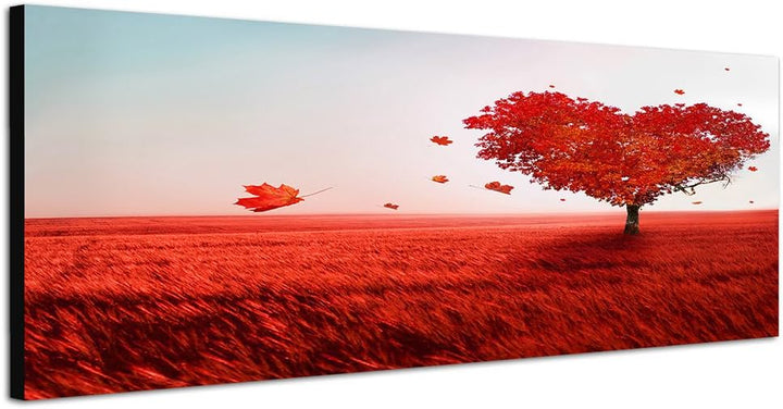 Paul Sinus Art Panoramabild auf Leinwand und Keilrahmen 150x50cm Wiese Baum Herz rot
