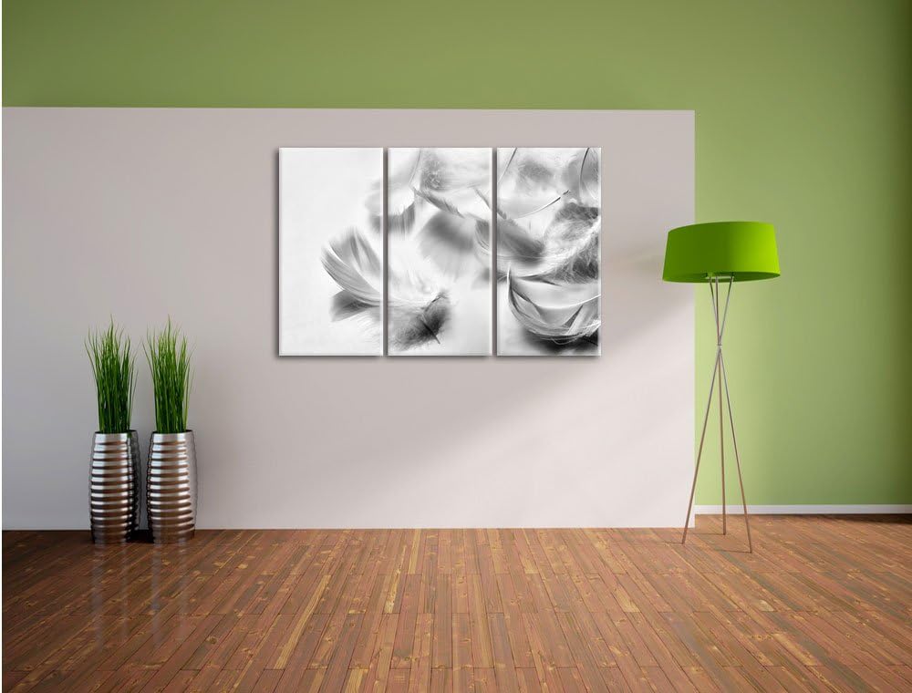 Pixxprint Weisse Feder auf schwarzem Stein als Leinwandbild/Grösse: 3 Teilig (120x80) cm/Wandbild/Ku