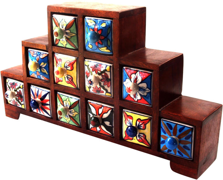 GURU SHOP Apothekerschränkchen mit Bunten Keramik Schubfächern, Gewürzkiste - 2,4,6 Fächer, 25x44x9