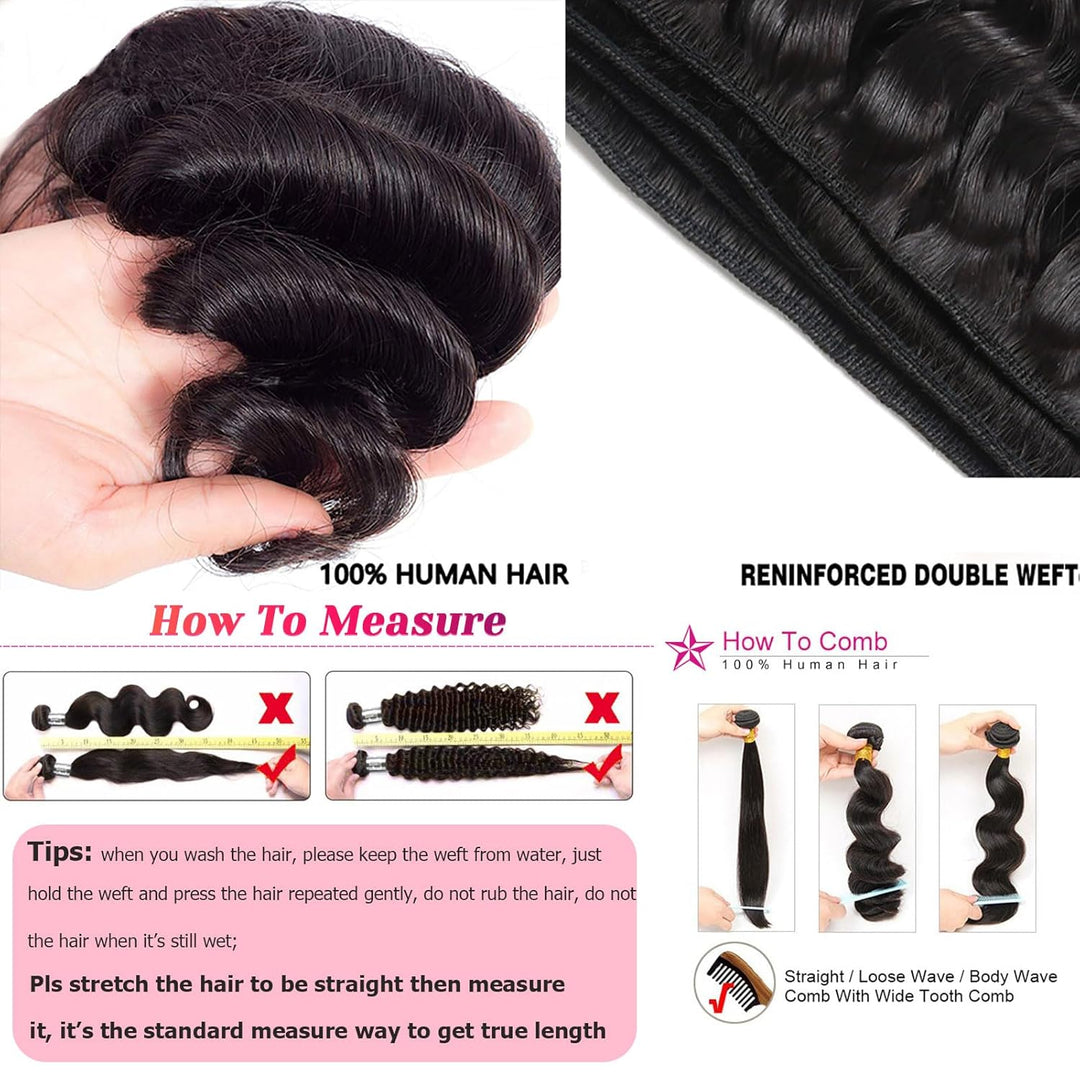 Huarisi Loose Wave Human Hair Bundles, Brazilian Hair 4 Bundles 12 14 16 18 inch, Brazilian Virgin H