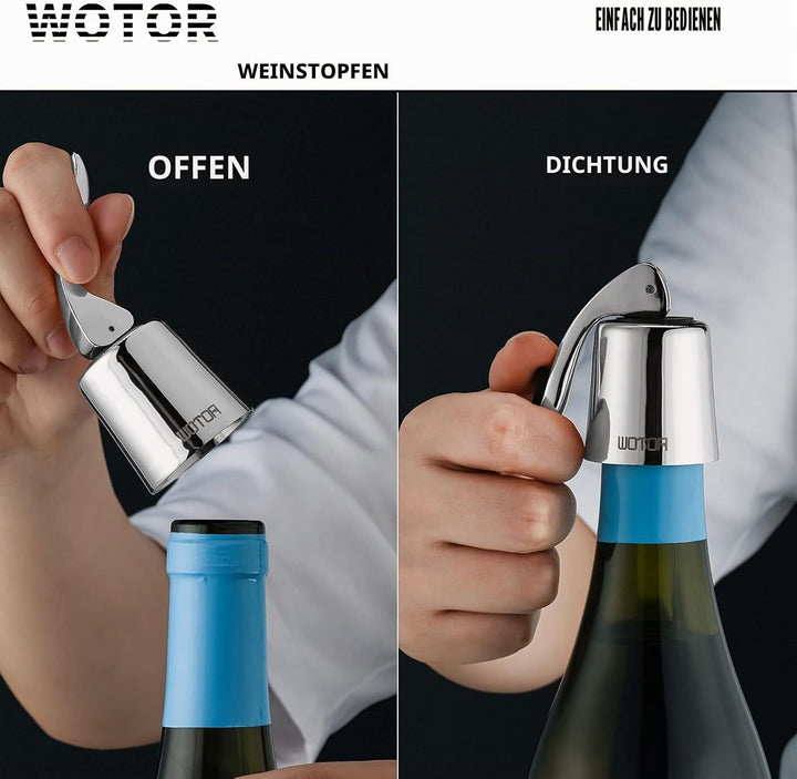 WOTOR Weinverschluss Edelstahl WeinFlaschenverschluss Wiederverwendbar Auslaufsicher hält Wein frisc